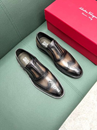 Ferragamo Black and grey calfskin Leather Shoes-Ferragamo Man Business Leather Shoes